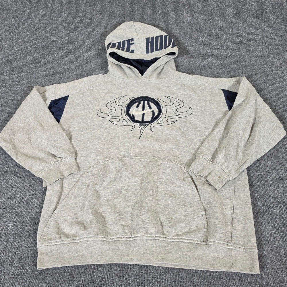 Y2K Nike Men XL Gray Navy Blue Tribal Basketball Graphic Pullover Hoodie Vintage